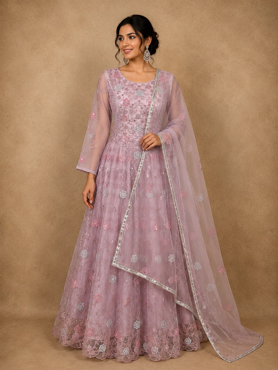 Light Lavender Floral Thread and Sequins Embroidered Design Net Gown